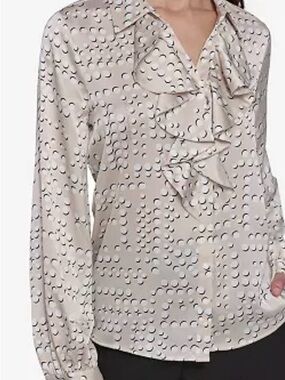 Karl Lagerfeld Cream Button-Down Ruffle Blouse with Dot Print
